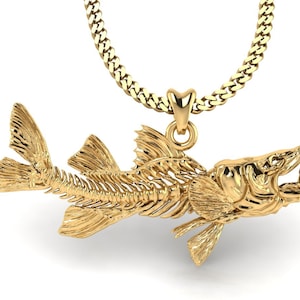 14k Gold Snook Skeleton Fish Necklace, Snook Skeleton Pendant. Jewelry for Fishermen, Sportfish Jewelry. Thick Gold Plated Silver Jewelry.