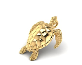 Solid Gold 14k, 18k Sea Turtle Pendant, Turtle Charm. Petite Marine Life Jewelry in Yellow or White Solid Gold
