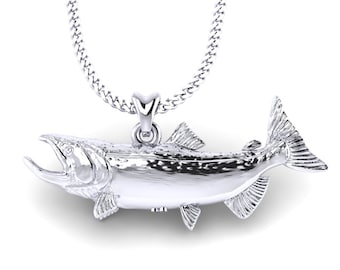 925 Sterling Silver Chinook Salmon King Salmon Fish Necklace, Salmon Fish Pendant with Chain. Jewelry for Fishermen, Sportsfish Jewelry