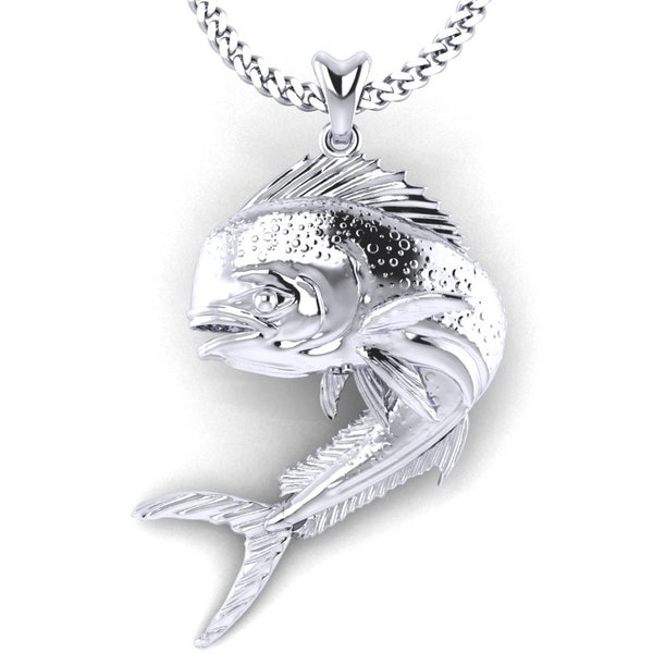 925 Sterling Silver Mahi Mahi Dorado v.3 Fish Necklace, Mahi Mahi "In Action" Pendant with Chain. Jewelry for Fishermen, Sportfish Jewelry