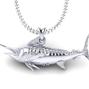 925 Sterling Silver Marlin Fish Necklace, Marlin Charm, Marlin Pendant with Chain. Jewelry for Fishermen, Outdoorsmen, Sportfish Jewelry