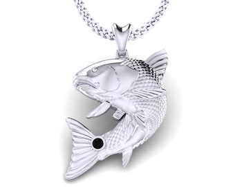 May include: A silver fish pendant with a black gemstone eye. The pendant is attached to a silver chain.