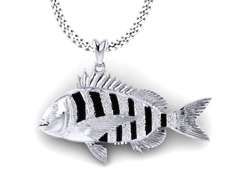 925 Sterling Silver Sheepshead Fish Necklace, Sheepshead Pendant with Chain. Jewelry for Fishermen, Outdoorsmen, Sportfish Jewelry