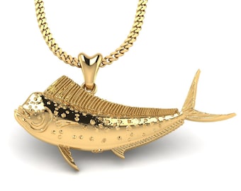 14k Gold Speckled Mahi Mahi Fish Necklace, Dorado Pendant. Jewelry for Fishermen, Sportfish Jewelry. Thick Gold Plated Silver Jewelry.