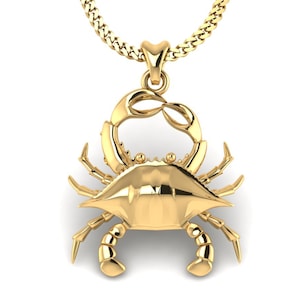14k Gold Blue Crab Necklace, Crab Pendant with Chain. Jewelry for Fishermen, Marine Life Jewelry. Thick Gold Plated Silver Jewelry.