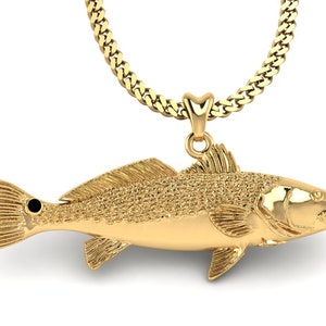 14k Gold Redfish Necklace, Red Drum Fish Pendant with Chain. Jewelry for Fishermen, Sportfish Jewelry. Thick Gold Plated Silver Jewelry.