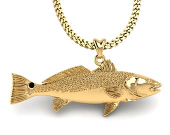 14k Gold Vermeil Redfish Necklace, Redfish Charm, Red Drum Fish Pendant with Chain. Jewelry for Fishermen, Outdoorsmen, Sportfish Jewelry