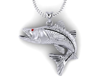 925 Sterling Silver Action Snook Fish Necklace, Snook "In Action" Jumping Fish Pendant. Jewelry for Fishermen, Sportfish Jewelry.