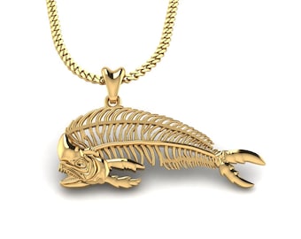 14k Gold Mahi Mahi Skeleton Fish Necklace, Mahi Skeleton Pendant. Jewelry for Fishermen, Sportfish Jewelry. Thick Gold Plated Silver Jewelry