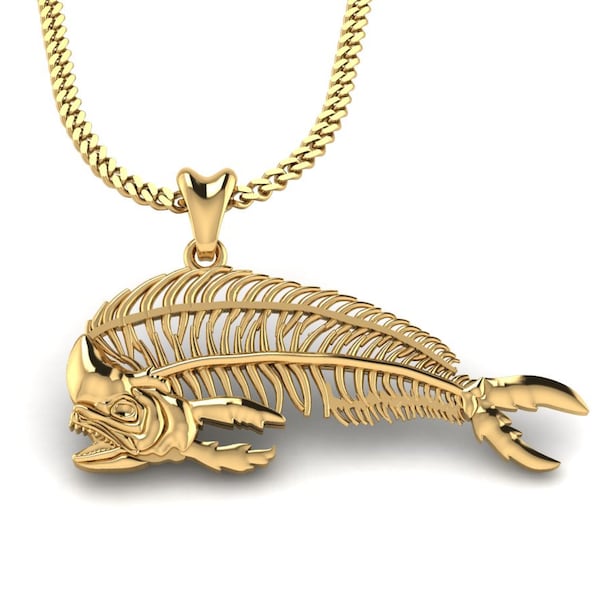 14k Gold Vermeil Mahi Mahi Skeleton Necklace, Dorado Skeleton Pendant with Chain. Jewelry for Fishermen, Outdoorsmen, Sportfish Jewelry