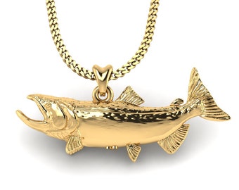 14k Gold Chinook Salmon Fish Necklace, King Salmon Pendant. Jewelry for Fishermen, Sportfishing. Thick  Gold Plated Silver Jewelry.