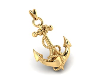 Solid Gold 14k, 18k Anchor Pendant, 3D Anchor Charm. Nautical Jewelry. Double Sided, Solid Pendant in Yellow or White Gold