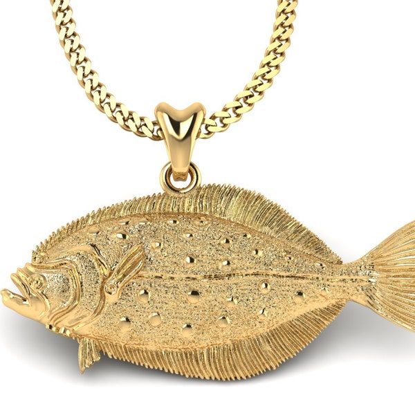 14k Gold Vermeil Flounder Fish Necklace, Flounder Charm, Flounder Pendant with Chain. Jewelry for Fishermen, Outdoorsmen, Sportfish Jewelry