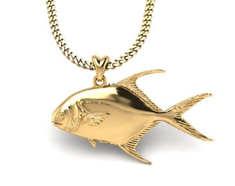 14k Gold Permit Fish Necklace, Permit Pendant with Chain. Jewelry for Fishermen, Sportfish Jewelry. Thick  Gold Plated Silver Jewelry.