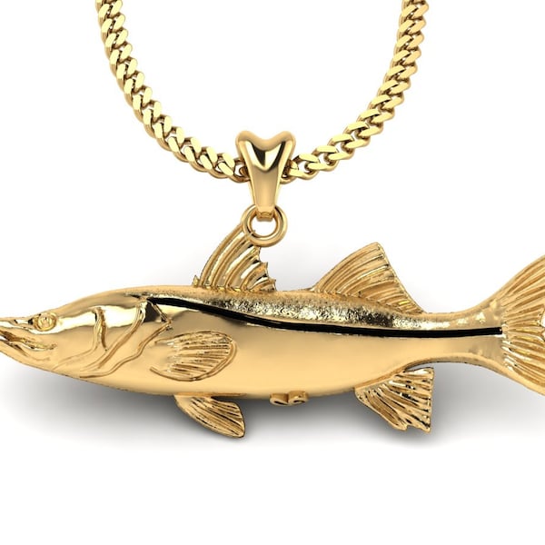 14k Gold Vermeil Snook Fish Necklace, Snook Charm, Snook Pendant with Chain. Jewelry for Fishermen, Outdoorsmen, Sportfish Jewelry