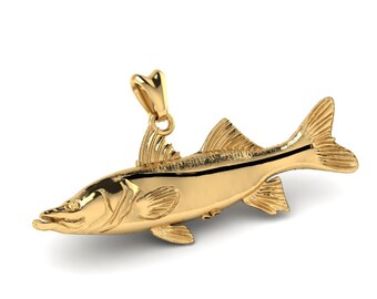 Solid Gold 14k, 18k Snook Fish Pendant, Snook Charm. Jewelry for Fishermen, Sportfish Jewelry in Yellow or White Solid Gold