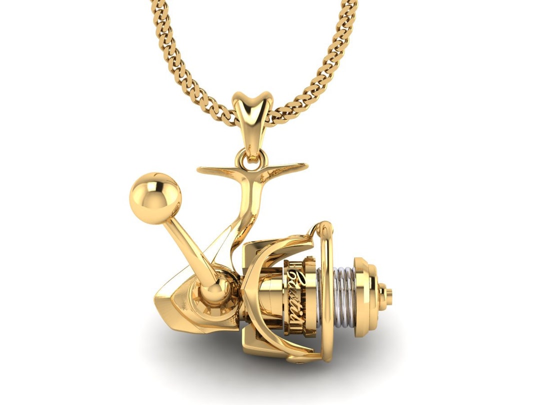 14k Gold Vermeil Spinning Fishing Reel Necklace, Fishing Reel Pendant