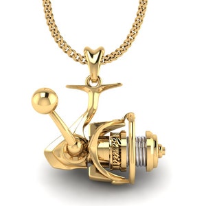 14K ゴールド スピニング フィッシング リール ネックレス、リール ペンダント。漁師のためのジュエリー、高級航海ジュエリー。厚い金メッキ シルバー ジュエリー。