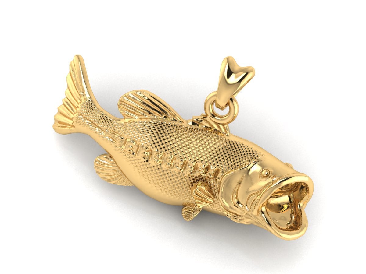 Solid Gold 14k Largemouth Bass Pendant with Hollowed Out Back. Jewelry for Fishermen, Sportfish Jewelry in Yellow or White Solid Gold