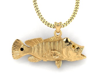 14k Gold Peacock Bass Fish Necklace, Butterfly Peacock Bass Pendant with Chain. Jewelry for Fishermen. Thick  Gold Plated Silver Jewelry.