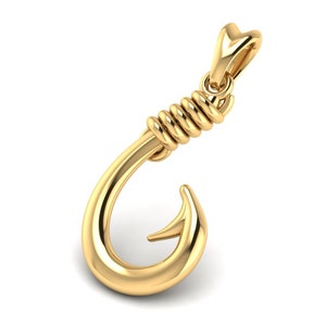 May include: A gold-colored metal fishing hook pendant with a coiled design at the top.
