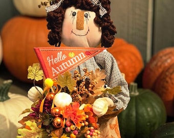 Ręcznie robiona prymitywna stojąca lalka szmaciana w stylu folk art farmhouse - Hello Fall Annie - OOAK, w całości oryginalna