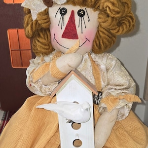 Handmade Primitive Raggedy Ann and Her Birdhouse Doll