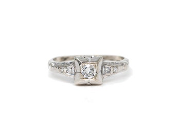 Vintage Engagement Ring, White Gold, Art Deco