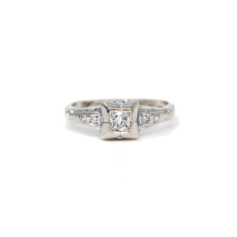 Vintage Engagement Ring, White Gold, Art Deco image 1