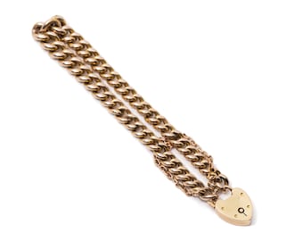 Vintage Curb Link Bracelet In 9k Yellow Gold, Heart Lock, Valentines Gift