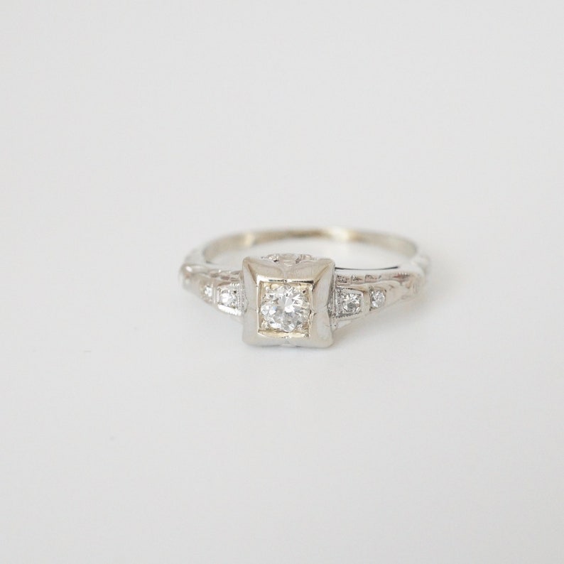 Vintage Engagement Ring, White Gold, Art Deco image 2