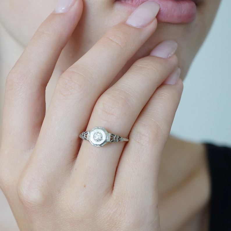 Vintage Engagement Ring, Art Deco Rings, Diamond, Filigree, White Gold, Two Tone Gold image 9
