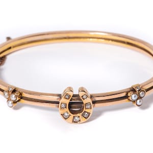 Victorian Bangle Bracelet, Hinged Bracelet, Solid 15k Yellow Gold, Lucky Horseshoe Bracelet, Old Mine Cut Diamond Bracelet