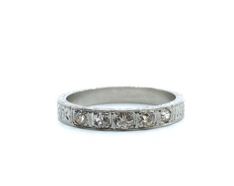 Vintage Platinum Wedding Band, Art Deco Wedding Band, Old European Cut Diamond Band