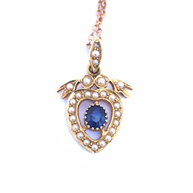 Vintage Sapphire And Pearl Heart Necklace, Valentines Gift image 3