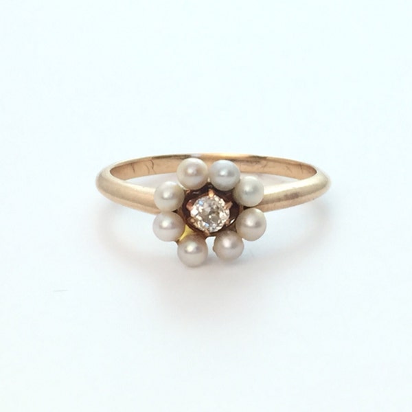 SALE - Victorian DIAMOND and PEARL Halo ring in 14k Gold