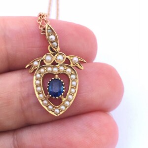 Vintage Sapphire And Pearl Heart Necklace, Valentines Gift image 6