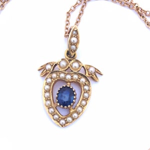 Vintage Sapphire And Pearl Heart Necklace, Valentines Gift image 2