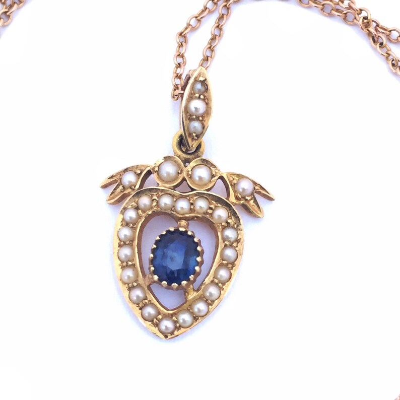 Vintage Sapphire And Pearl Heart Necklace, Valentines Gift image 2