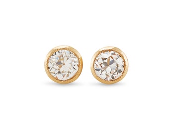 Diamond Stud Earrings, Repurposed Old European Cut Diamonds, Bezel Set, 0.69 Carats