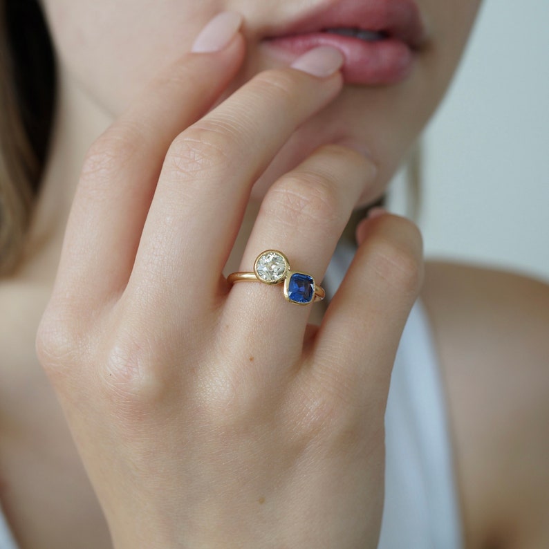 Modern Moi Et Toi Engagement Ring, Two Stone Engagement Ring, Repurposed Old European Cut Diamond image 9