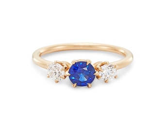 The Flora, Vintage Style Three Stone Engagement Ring, 0.84 Carats, Repurposed Sapphire And Old European Cut Diamonds