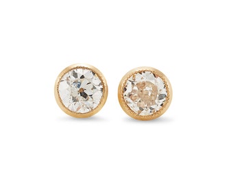 Repurposed Vintage Old European Cut Diamond Stud Earrings, 14k Yellow Gold Bezel Setting, 0.60 Carats