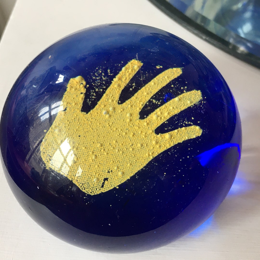 Hand Paperweight Vintage Clear Glass Paperweight With Blue Insert and Yellow Hand Design ...