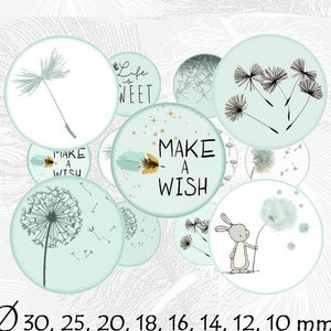 Digital collage sheet circles dandelion blue white- 1 inch circle images digital bottle cap dandelion digital rounds 30 25 20 18 16 14 12 mm