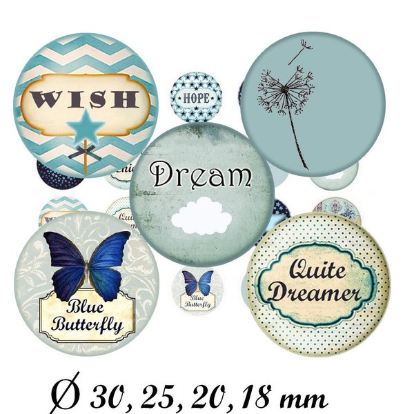 Digital collage sheet circles one inch circles- bottlecap images blue motivational circles 1 inch rounds, 1 inch circles blue butterfly