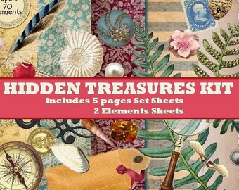May include: A scrapbooking kit with a nautical theme. The kit includes 5 pages of patterned paper and 2 sheets of elements. The image features a compass, seashells, a lock, and a fern.