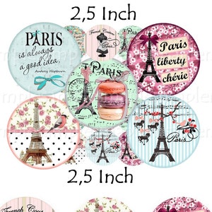 May include: Twelve 2.5 inch round paper craft embellishments with a Parisian theme. The designs feature the Eiffel Tower, macarons, a fashion mannequin, and text that says "Paris is always a good idea." and "Paris liberty ch&eacute;rie".