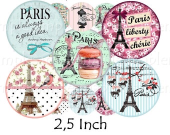 Digital Collage Sheet circles Paris romantic 2,5 inch circles pocket mirror magnets Instant download circles digital rounds printable tags