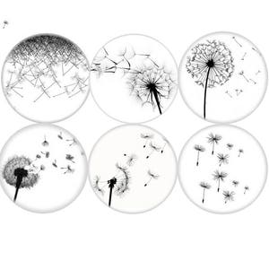 Digital collage sheet circles dandelion black white- 1 inch circle images for pendant, digital bottle cap dandelion digital rounds